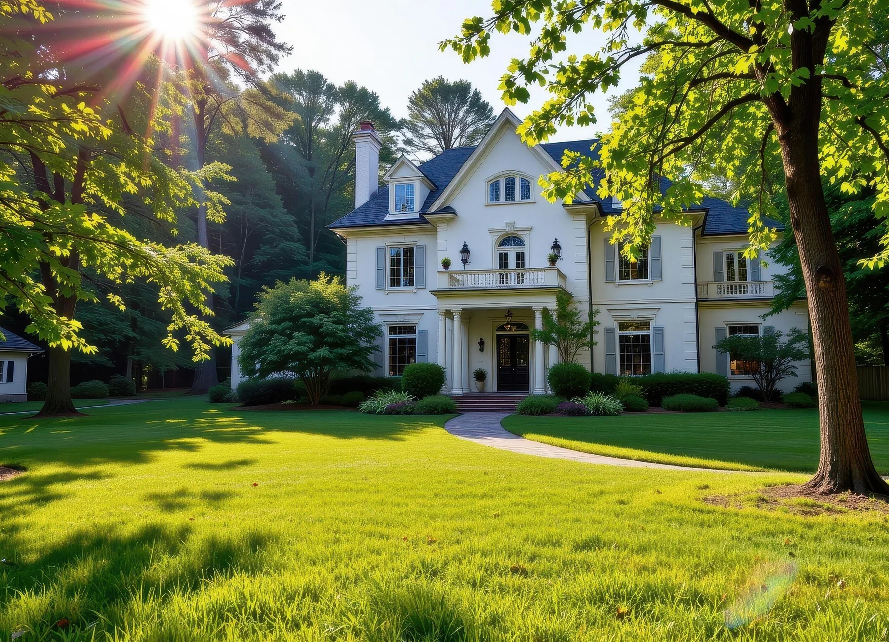 White stone home among mature trees representing Pelham, Alabama