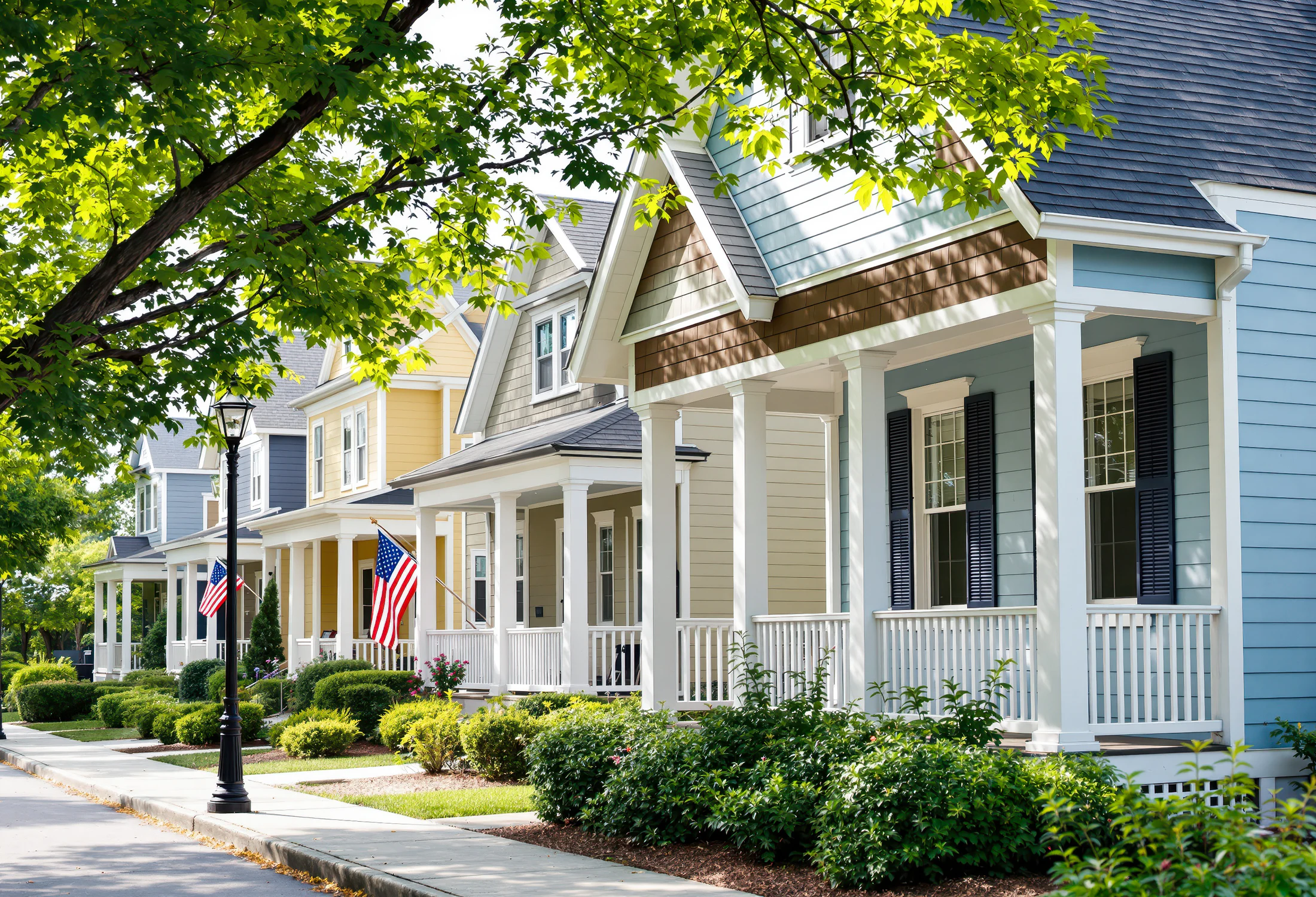 Tree-lined row of porch homes representing Birmingham-area neighborhood life